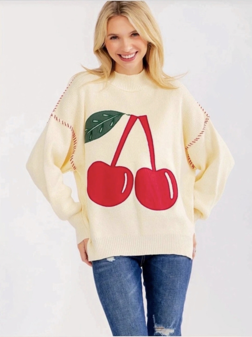 Miou Muse Cherry Sweater Cream Size Small NWT